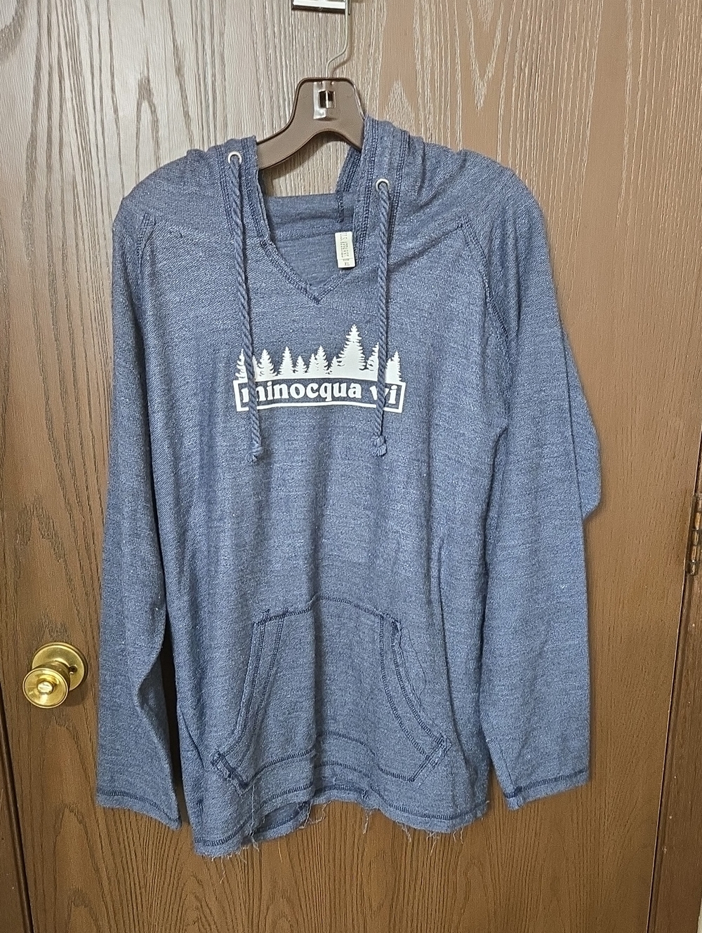 Men's Blue Minocqua  Wi Hooded Crewneck Sweater with Pine Tree Graphic,Size XL